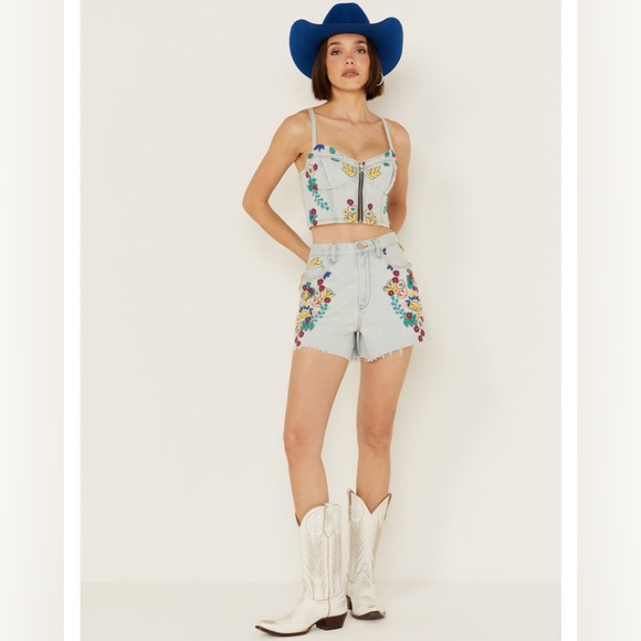 469.BLANK NYC LightWash High Rise Floral Embroidered Denim Shorts Sz 27 NWT $108 - Picture 4 of 6